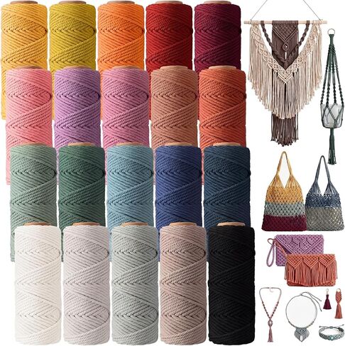 حبل Timgle Macrame 3 مم × 875 ياردة، حبل قطني Macrame 4 خيوط سلسلة ملتوية طبيعية 20 لفة من لوازم الغزل الملونة للتعليق على الحائط وشماعات النباتات والحرف اليدوية 20 لونًا (ألوان الماكارون) in Saudi Arabia