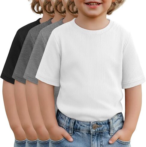 4 Pack Baby Boys Short Sleeve T-Shirts Toddler Ribbed Crew Neck Shirts Basic Tee Tops Summer Clothes 18M-5T in Saudi Arabia
