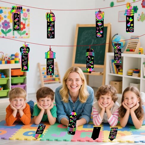 24 Pcs Welcome Back to School Scratch Paper Art Kit, Rainbow Magic Scratch Off Cards Apples Pencils Books Pattern DIY Drawing Paper for Classroom Activity First Day of School Gifts in Saudi Arabia