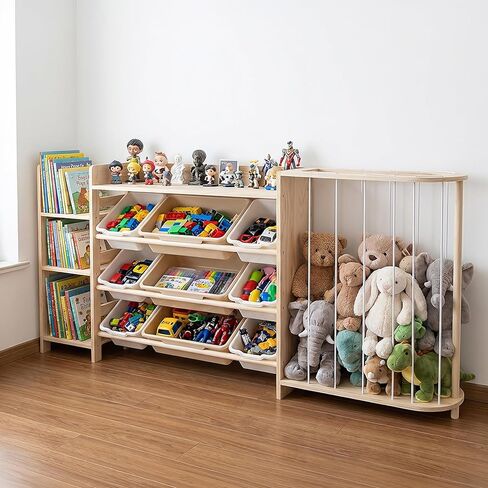 Amdermi Kid's Toy Storage Organizer with Bookcase & Plush Stuffed Animal Zoo, Multi-Bin Toy Storage Shelf for Toddlers, 4-in-1 Wooden Display Rack for Playroom, Bedroom & Nursery - Natural Wood Color in Kuwait