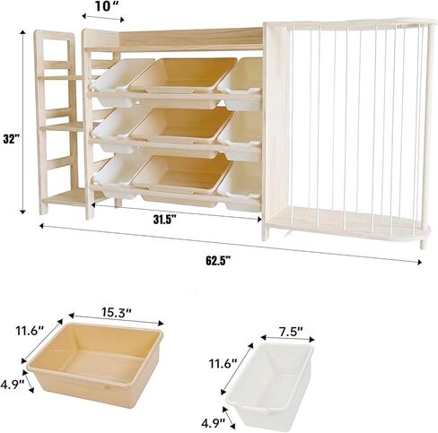 Amdermi Kid's Toy Storage Organizer with Bookcase & Plush Stuffed Animal Zoo, Multi-Bin Toy Storage Shelf for Toddlers, 4-in-1 Wooden Display Rack for Playroom, Bedroom & Nursery - Natural Wood Color in Kuwait