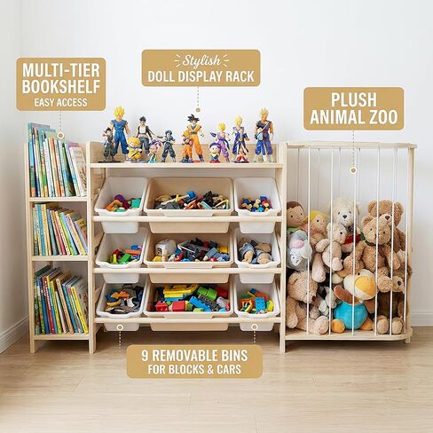 Amdermi Kid's Toy Storage Organizer with Bookcase & Plush Stuffed Animal Zoo, Multi-Bin Toy Storage Shelf for Toddlers, 4-in-1 Wooden Display Rack for Playroom, Bedroom & Nursery - Natural Wood Color in Kuwait