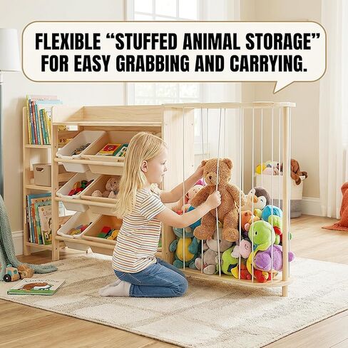 Amdermi Kid's Toy Storage Organizer with Bookcase & Plush Stuffed Animal Zoo, Multi-Bin Toy Storage Shelf for Toddlers, 4-in-1 Wooden Display Rack for Playroom, Bedroom & Nursery - Natural Wood Color in Kuwait