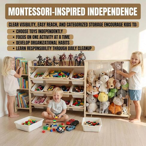 Amdermi Kid's Toy Storage Organizer with Bookcase & Plush Stuffed Animal Zoo, Multi-Bin Toy Storage Shelf for Toddlers, 4-in-1 Wooden Display Rack for Playroom, Bedroom & Nursery - Natural Wood Color in Kuwait