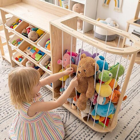 Amdermi Kid's Toy Storage Organizer with Bookcase & Plush Stuffed Animal Zoo, Multi-Bin Toy Storage Shelf for Toddlers, 4-in-1 Wooden Display Rack for Playroom, Bedroom & Nursery - Natural Wood Color in Kuwait
