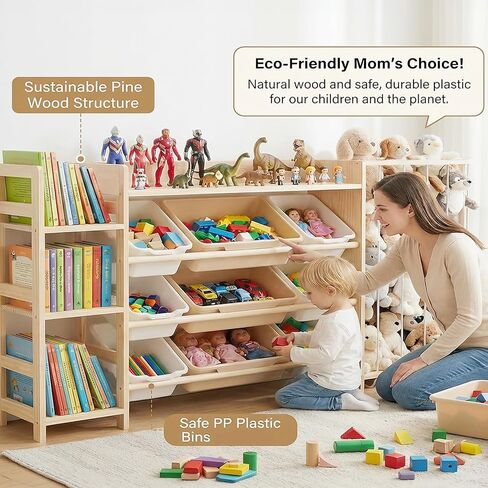 Amdermi Kid's Toy Storage Organizer with Bookcase & Plush Stuffed Animal Zoo, Multi-Bin Toy Storage Shelf for Toddlers, 4-in-1 Wooden Display Rack for Playroom, Bedroom & Nursery - Natural Wood Color in Kuwait