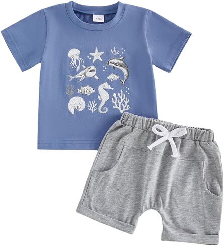 Meiweileya 6 12 18 Months Toddler Baby Boy Summer Outfit Short Sleeve T-Shirt Tee Tops Sea Animals 2T 3T 4T Beach 2Pcs Sets in Saudi Arabia