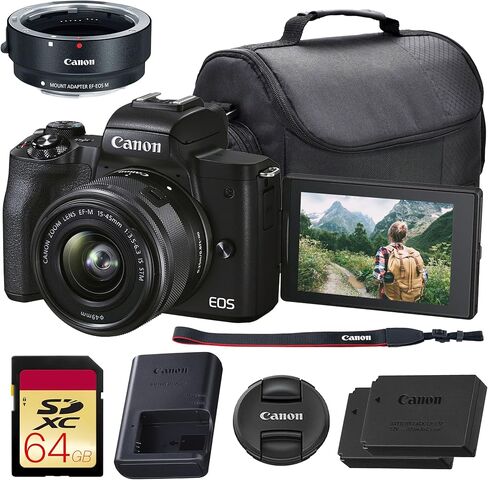 كاميرا Canon EOS M50 Mark II بدون مرآة مع عدسة 15-45 ملم (أسود) | 24.1 ميجابكسل APS-C، Dual Pixel CMOS AF، فيديو 4K وشاشة لمس متغيرة الزاوية | لمدونات الفيديو والمحتوى (4728C006) + محول EF-EOS R + المزيد in Kuwait
