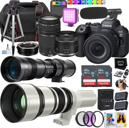 Canon EOS R6 Mark II Mirrorless Camera + Canon RF 24-50mm STM and EF 75-300mm + 420-800mm and 650-1300mm Lens (25 Piece Bundle) (Renewed) in Kuwait