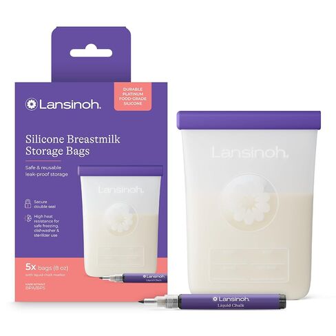 Lansinoh Silicone Breastmilk Storage Bags, Reusable Leakproof Milk Storage Bags with Double Seal, Dishwasher & Sterilizer Safe, 8 oz, 5-Count, BPA Free Breastfeeding Essentials in Kuwait