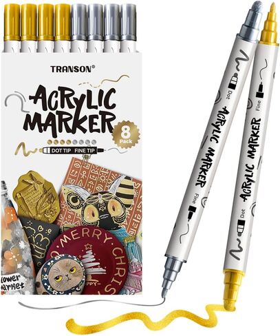 TRANSON 3 Gold, 3 Silver, 1 Black and 1 White Paint Markers Bold and Fine Dual-tip Acrylic Paint Marker Set for Rock Painting Glass Canvas Wood Leather Ceramic Painting in Saudi Arabia