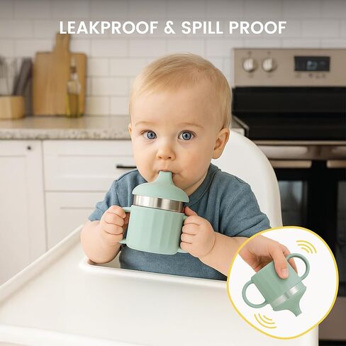 Lulyboo Stainless Steel Sippy Cup | Leakproof Toddler Cup with Handles, Spill-Resistant Lid & Straw | BPA-Free, Double-Wall Insulated for Warm & Cold Drinks (Sage) in Kuwait