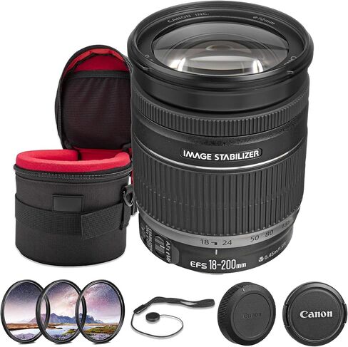 Canon EF-S 18-200mm f/3.5-5.6 هي حزمة عدسات | تكبير APS-C الكل في واحد مع تثبيت بصري للصورة ونطاق واسع إلى تقريب | رائعة للسفر والصور اليومية (2752B002) + مجموعة الفلتر + المزيد in Kuwait