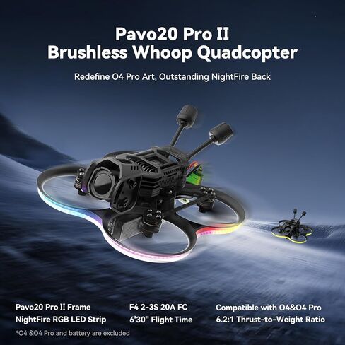 BETAFPV Pavo20 Pro II كوادكوبتر بدون فرش مع دعامة HD VTX F4 2-3S 20A AIO FC، محركات LAVA 1104 7200KV بدون فرش، شريط COB LED متوافق مع O4/O4 Air Unit Pro، للتصوير الحر FPV in Kuwait