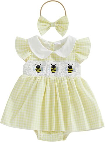 Baby Girl Summer Outfit Bee Embriodery Smocked Romper Dress Ruffle Fly Sleeve Doll Collar Plaid Dress with Headband in Saudi Arabia