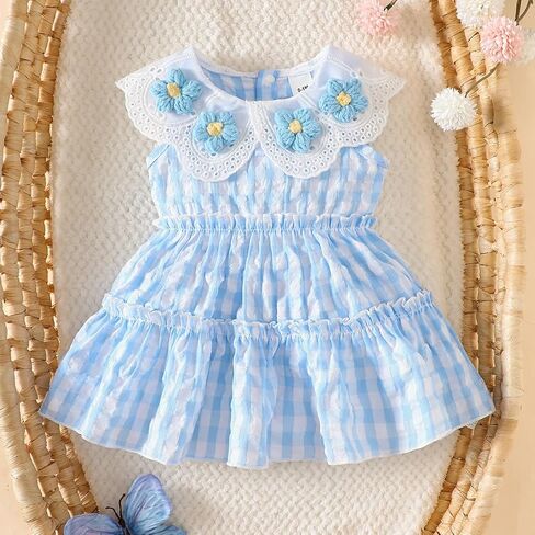 Baby Girl Blue Gingham Dress with Eyelet Lace Collar and 3D Crochet Flowers Infant Tiered Ruffle Newborn Summer Outfits in Kuwait