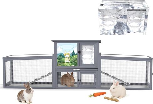 قفص أرنب خشبي كبير من COZIWOW، قفص أرنب داخلي خارجي، حاوية بيت حيوانات صغيرة بمستويين مع سقف مائل مغطى بالكامل (رمادي مع دافئ) in Saudi Arabia