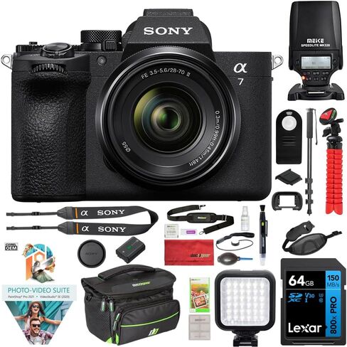 Sony ILCE-7M5M/B a7 V Full-Frame Mirrorless Camera with 28-70mm II Lens Bundle with Flash Speedlight, 72" Monopod, Wrist Grip Strap, 64GB Card, Corel Photo Video Suite, Deco Photo Camera Bag + More in Kuwait