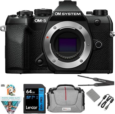 كاميرا OM Digital Solutions OM-5 Mark II مع عدسة M.ZUIKO مقاس 14-150 مم، حزمة فضية مع بطاقة ذاكرة Lexar Premium PRO SDXC سعة 64 جيجابايت + حقيبة كاميرا Deco Essentials + مجموعة Corel Photo Video in Kuwait