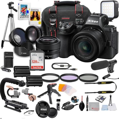 كاميرا Nikon Z5 II بدون مرآة مع عدسة مقاس 24-50 مم f/4-6.3، وإضاءة LED، وميكروفون، وذاكرة تخزين 128 جيجابايت، وقبضة U، ومرشحات، وحامل ثلاثي القوائم، وحقيبة، وبرامج، والمزيد - حزمة فيديو احترافية (38 قطعة) in Kuwait