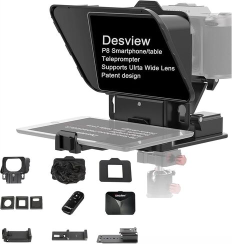 جهاز Desview P8 Teleprompter مع جهاز تحكم عن بعد، تصميم قابل للطي لكاميرا الهاتف الذكي، كاميرا ويب DSLR، جهاز لوحي يصل إلى 11 بوصة، دعم للبث المباشر وتسجيل مقاطع فيديو YouTube TikTok in Kuwait