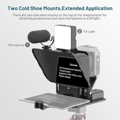 جهاز Desview P8 Teleprompter مع جهاز تحكم عن بعد، تصميم قابل للطي لكاميرا الهاتف الذكي، كاميرا ويب DSLR، جهاز لوحي يصل إلى 11 بوصة، دعم للبث المباشر وتسجيل مقاطع فيديو YouTube TikTok in Kuwait