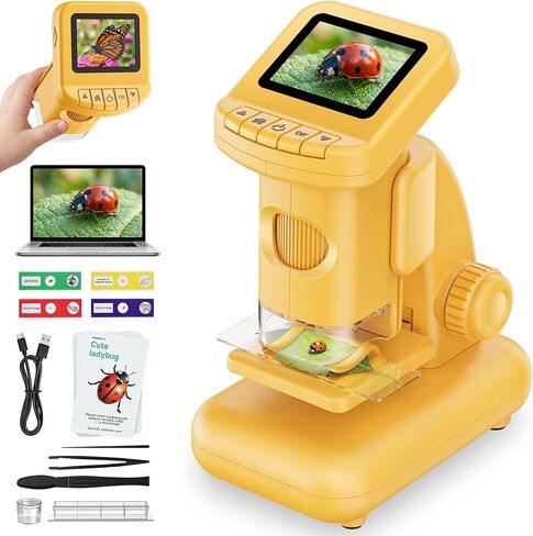 مجهر للأطفال للفتيات المراهقات - مجهر جيب محمول بتكبير 120X-1200X مع شاشة LCD مقاس 2 بوصة ومجموعة العلوم التعليمية للصور والفيديو STEM - هدية مثالية للأولاد والبنات الذين تتراوح أعمارهم بين 6,7,8-12 عامًا - أصفر in Kuwait