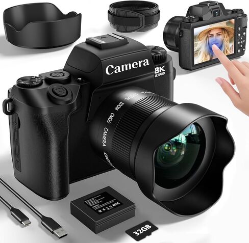 كاميرا رقمية بدقة 8K للتصوير الفوتوغرافي، وكاميرا تسجيل فيديو مزدوجة العدسات بتقنية WiFi بدقة 64 ميجابكسل لليوتيوب مع تكبير رقمي 16X، وفلاش، وشاشة تعمل باللمس، وبطاقة TF سعة 32 جيجابايت، وغطاء عدسة، ومخرج HDMI وبطارية 3000 مللي أمبير في الساعة (أسود) in Kuwait