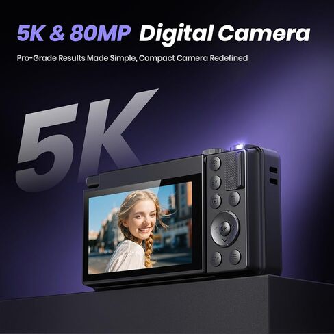 5K Digital Camera for Photography, 2026 Latest 80MP Autofocus WiFi Vlogging Camera for YouTube, 3'' 180 Flip Screen Compact Travel Camera for Beginners with 16X Zoom, 32GB TF Card, Flash (Black) in Kuwait