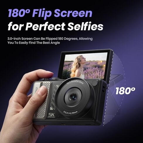 5K Digital Camera for Photography, 2026 Latest 80MP Autofocus WiFi Vlogging Camera for YouTube, 3'' 180 Flip Screen Compact Travel Camera for Beginners with 16X Zoom, 32GB TF Card, Flash (Black) in Kuwait