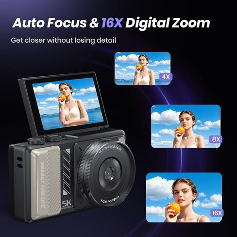 5K Digital Camera for Photography, 2026 Latest 80MP Autofocus WiFi Vlogging Camera for YouTube, 3'' 180 Flip Screen Compact Travel Camera for Beginners with 16X Zoom, 32GB TF Card, Flash (Black) in Kuwait