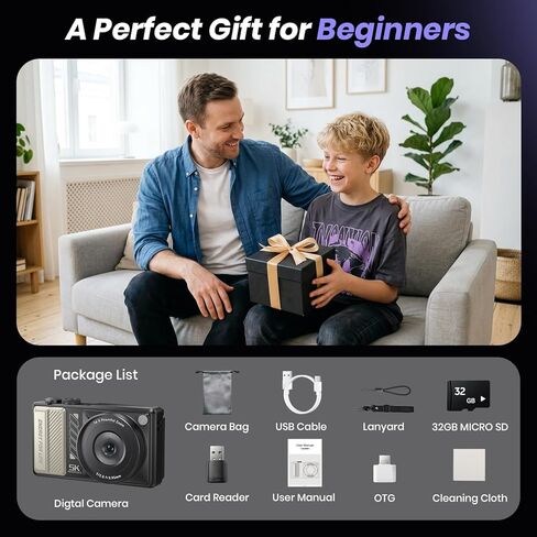 5K Digital Camera for Photography, 2026 Latest 80MP Autofocus WiFi Vlogging Camera for YouTube, 3'' 180 Flip Screen Compact Travel Camera for Beginners with 16X Zoom, 32GB TF Card, Flash (Black) in Kuwait