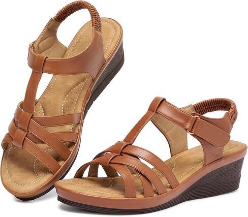 Dressy Womens Wedge Sandals: Comfort Cushioned & Non-Slip Sole for All-Day Walking - Trendy Design & Elastic Ankle Strap for Confidence Wear - Fashion Women in Kuwait