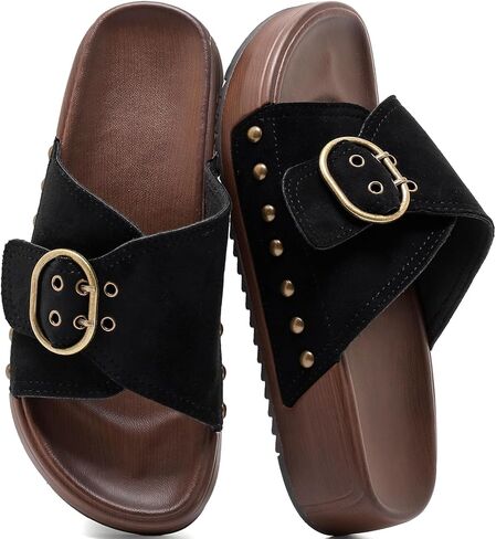 Women's Platform Sandals with Big Buckle Slides – Cross Strap Adjustable Thick Sole Wide Width Wedge Slide Sandals Arch Support Mules Walking Comfort Casual Chunky Beach Sandals Slip On Summer Shoes in Kuwait