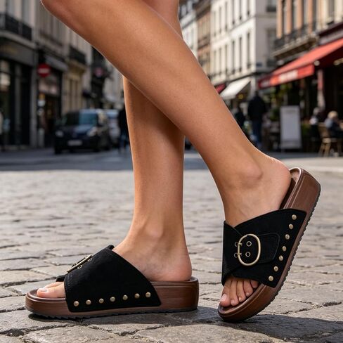 Women's Platform Sandals with Big Buckle Slides – Cross Strap Adjustable Thick Sole Wide Width Wedge Slide Sandals Arch Support Mules Walking Comfort Casual Chunky Beach Sandals Slip On Summer Shoes in Kuwait