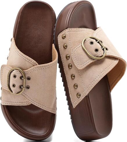 Women's Platform Sandals with Big Buckle Slides – Cross Strap Adjustable Thick Sole Wide Width Wedge Slide Sandals Arch Support Mules Walking Comfort Casual Chunky Beach Sandals Slip On Summer Shoes in Kuwait