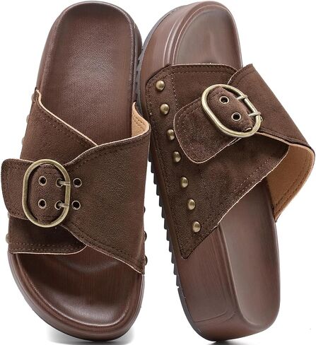 Women's Platform Sandals with Big Buckle Slides – Cross Strap Adjustable Thick Sole Wide Width Wedge Slide Sandals Arch Support Mules Walking Comfort Casual Chunky Beach Sandals Slip On Summer Shoes in Kuwait