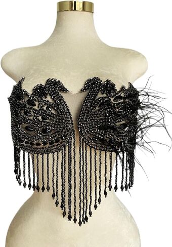 Handmade Sewing Beads Trim Swan Shape Patches Rhinestones Bodice Applique with Ostrich Feather Decoration Shining Dress Clothing Accessories 16X12.5inches (Pink) in Saudi Arabia