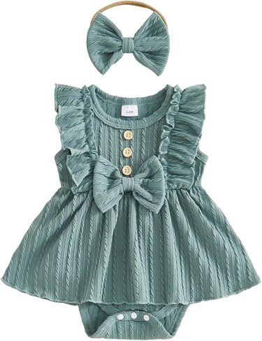 Baby Girl Summer Clothes Solid Textured Romper Dress Ruffle Sleeve Bowknot Skirt Hem Jumpsuit with Headband Outfit in Kuwait