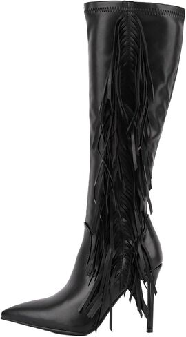 LISHAN Women's Pointed Toe Fringed Knee High Boots Zip Up Stilettos High Heels in Kuwait