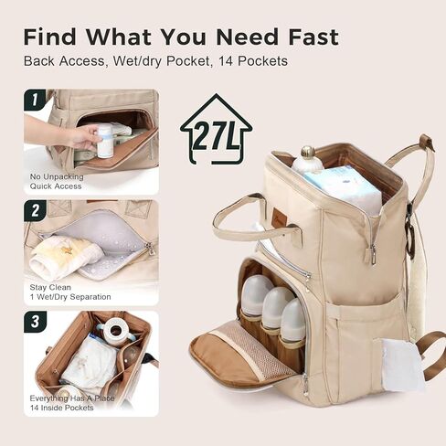 Large Diaper Bag for Mom: 27 Liters with Changing pad - Insulated Lightweight Travel Backpack for Organizing Baby Boy & Girl Essentials - Brown in Saudi Arabia