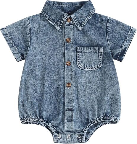 Baby Boys Girls Denim Romper Solid Color Short Sleeve Turn-Down Collar Jumpsuits Summer Buttons Up Bodysuits in Kuwait