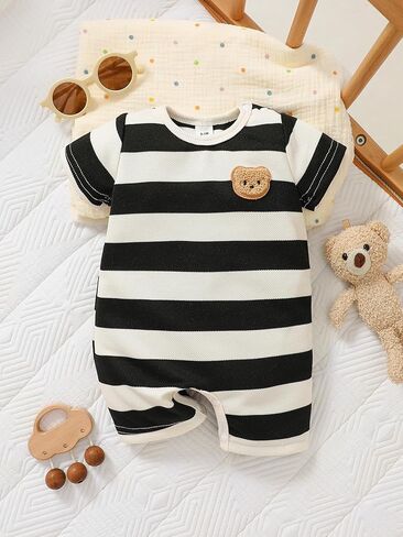 Baby Boy Waffle Knit Romper Black White Striped Short Sleeve Bear Patch Summer Outfit Infant Clothes in Kuwait
