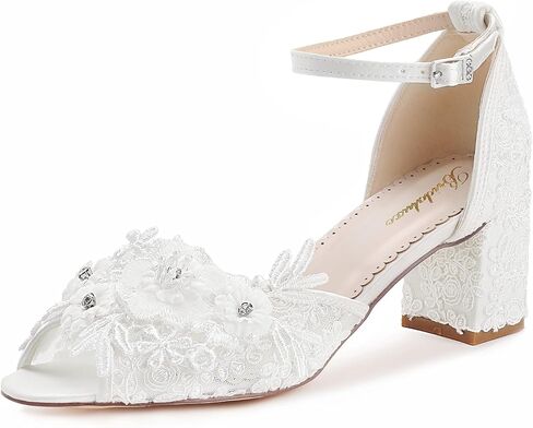 10521 Women’s Peep Toe Wedding Shoes 2.56 Inch Block Heel Lace Floral Ankle Strap Bridal Heels in Kuwait