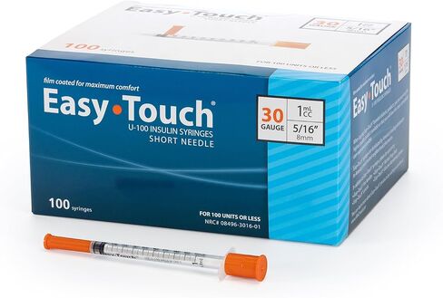 حقنة الأنسولين EasyTouch U-100 بإبرة، 30 جرام 1 سم مكعب 5/16 بوصة (8 مم)، صندوق مكون من 100 قطعة in Kuwait