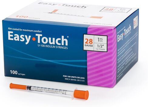 حقنة الأنسولين EasyTouch U-100 بإبرة، 28G 1cc 1/2 بوصة (12.7 مم)، صندوق من 100 in Kuwait