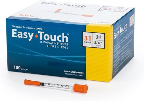 حقنة الأنسولين EasyTouch U-100 بإبرة، 31G 0.3cc 5/16 بوصة (8 مم)، صندوق من 100 in Saudi Arabia