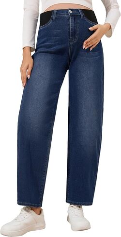 fitglam Maternity Barrel Jeans Mid-Rise Wide Leg Fit Denim Pants with an Adjustable Rubber Band in Kuwait