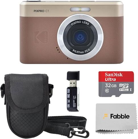 حزمة كاميرا Kodak PIXPRO C1 الرقمية المدمجة (بني) مع بطاقة microSDHC سعة 32 جيجابايت، وحقيبة كاميرا واقية، وقارئ بطاقة USB عالي السرعة، وكابل USB-C، ومحول تيار متردد، وملحقات الشركة المصنعة in Kuwait