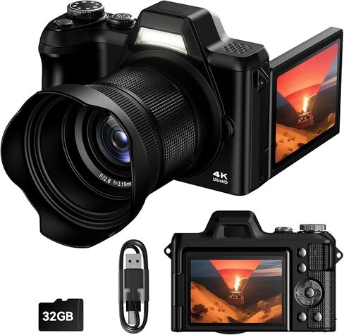 كاميرا رقمية بدقة 4K للتصوير الفوتوغرافي، وكاميرا تسجيل فيديو بتركيز تلقائي بدقة 56 ميجابكسل للسفر على YouTube، وشاشة قابلة للطي بزاوية 180 درجة مقاس 3 بوصات وغطاء عدسة تكبير 16X، وبطاقة SD سعة 32 جيجابايت للمراهقين والمبتدئين، أسود كربوني in Kuwait